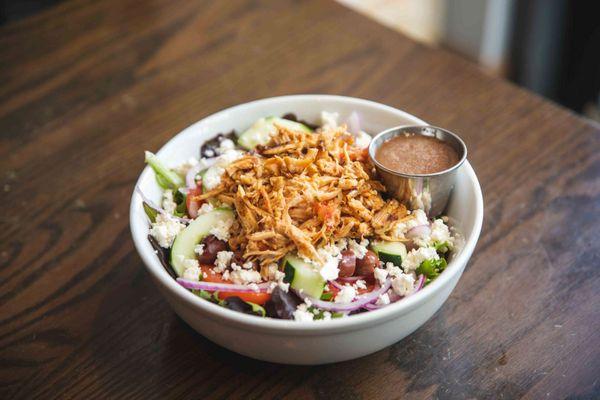 Greek Salad with Pulled Chipotle Chicken