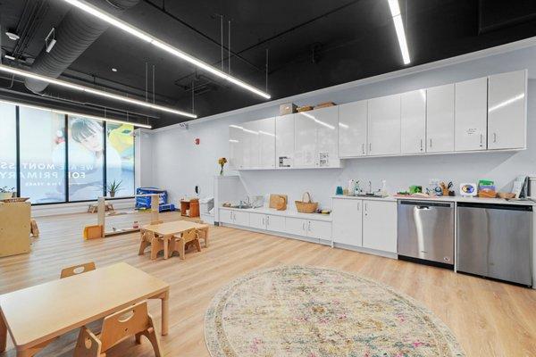 Our Pre-Primary classroom serving children ages 2's and 3's.  Notice the child-sized counter tops!