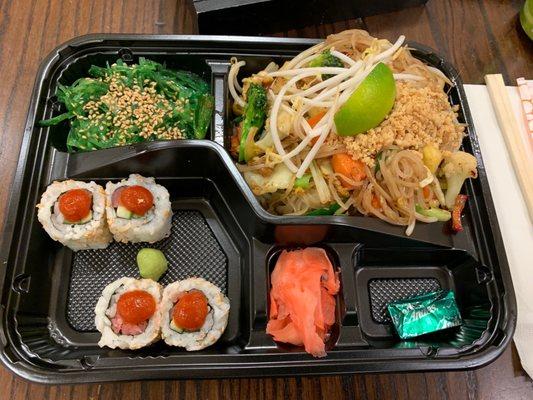 Bento with pad thai, spicy tuna, and seaweed salad