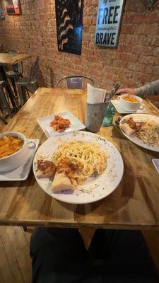 Chicken Alfredo, cut of smoked salmon, chicken bacon Mac and cheese!