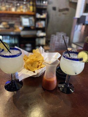 Skinny margaritas, pitcher of salsa and chips