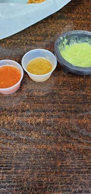 Salsa-Hot, Med, Mild (left to right).