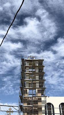 Bee removal & relocation done right from the top of this church. It was over 6 stories high!