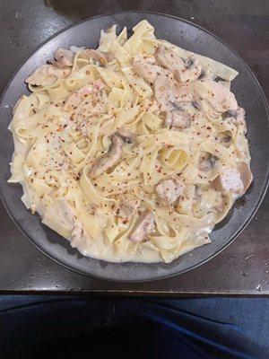 Pasta, chicken, mushrooms and dried red peppers, Parmesan cheese