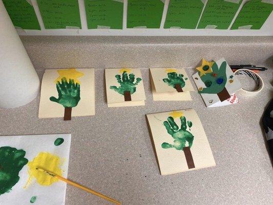 Christmas tree cards made from our children's hands and finger paints, with a lot of help from the teachers of course.