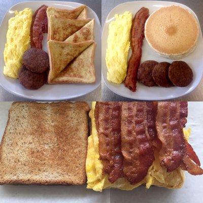 Top left is our Frenchman breakfast, right is our Bigman special and below is our bacon breakfast sandwich!