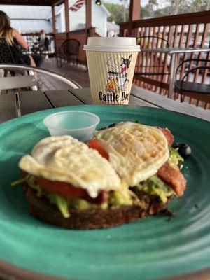 Bacon, arugula, egg, tomatoes and avocado spread.