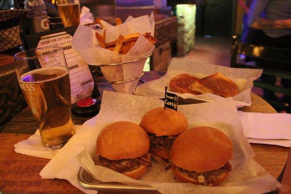 Blue Cheese Sliders, Garlic and Cajun Fries and Onion Grilled Cheese from the Cottage