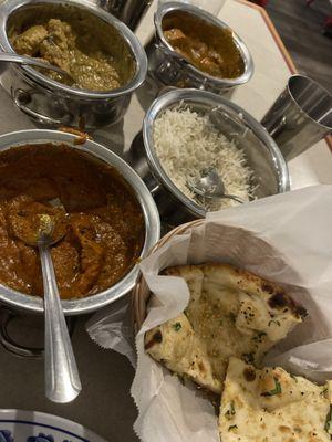 Butter Chicken, Chicken Tikka masala, garlic cheese naan