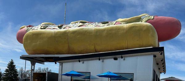 Giant Hot Dog on the roof.