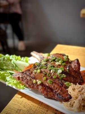 grilled pork with broken rice and steamed egg