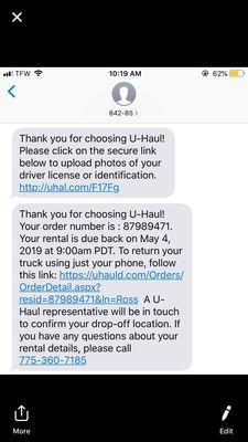 Text message stating they would give me my drop off location later.