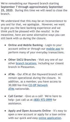 Alternative ways to bank while Hayward Branch is temporarily closed