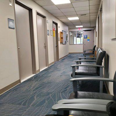 Long hallway is exit as well as entrance to waiting areas for Ex-Ray appointment.  4/19/2023