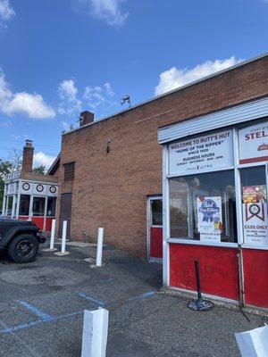 Restaurant entrance on far left and takeout entrance on the right