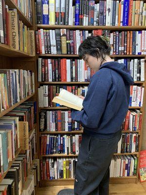 Bookshelves near front of store