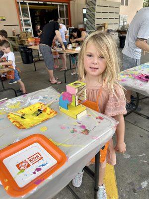 Kids' Monthly Workshop on the first Saturday of every month. 09/23 was a microscope and my mini hammered all the nails and painted herself