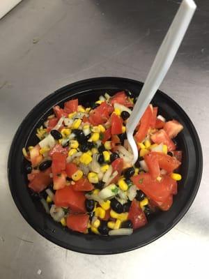 Chicken Rice Bowl: yellow rice topped with chicken cutlet  tomato corn black bean onion cilantro salad