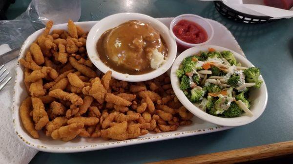 Fried Clam Strips, mashed potatoes and gravy, with broccoli salad