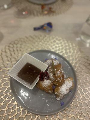 Szechuan Pepper Beignet, Sugar Dusting, Miso-Caramel Dipping Sauce