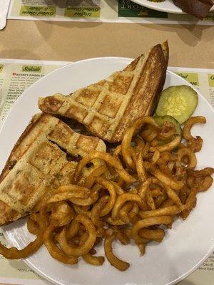 Vermonster Waffled Grilled Cheese and curly fries