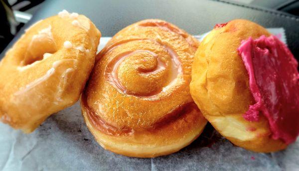 Glazed, Strawberry Cinnamon Honey Bun, Cherry Jelly Roll