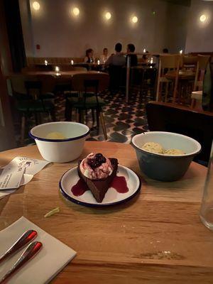 Flourless chocolate torte, lemon sorbet, pistachio ice cream