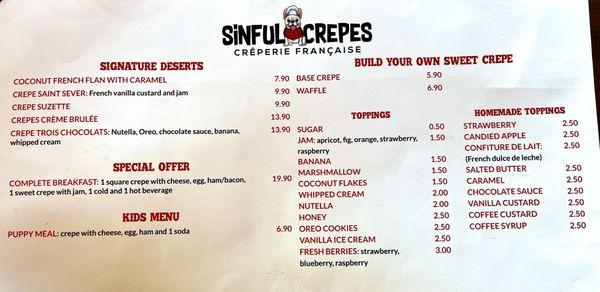 Desert crepe menu