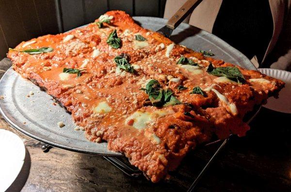 11/26/22 Mr. Pink Sicilian Pizza - Vodka Sauce, Fresh Mozzarella, Parmigiano Reggiano, Ricotta, Basil, Onion, Garlic