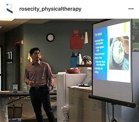 OPW nutritionist, Will, teaching a nutrition seminar for a local track club at Rose City Physical Therapy.