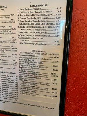 Menu combinations and lunch specials