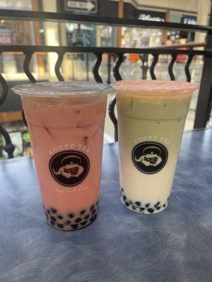 Strawberry Milk Tea with Honey Boba, and Matcha Milk Tea with Honey Boba