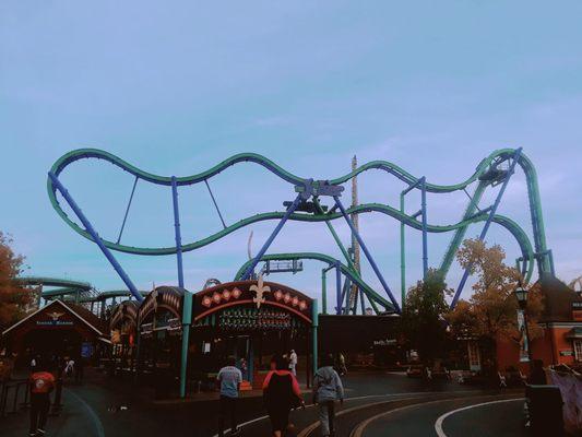 The green-and-purple tracked S&S freefly coaster, as seen from afar.