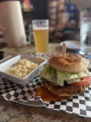 Southern style chicken sandwich with wing sauce and delicious Mac and cheese!  Must get!