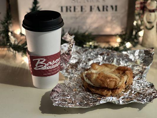 Peppermint mocha latte Sausage egg and cheese croissant