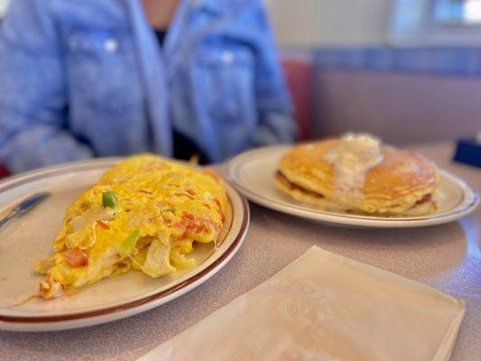 Chicken Fajita Omelette and Pancakes