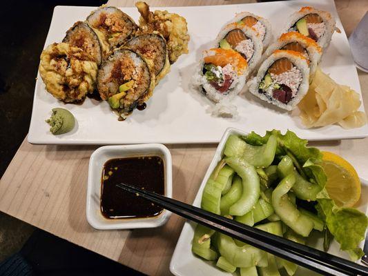 2/18/2024 - My standard: Double crunch roll, Sunset Roll and a cucumber salad - so amazing!