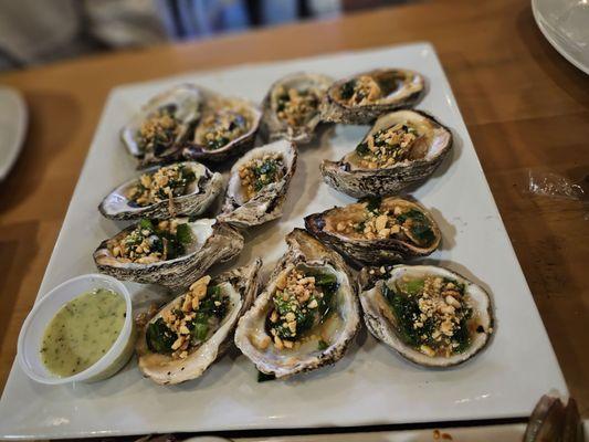 Oyster with scallion oil and peanuts