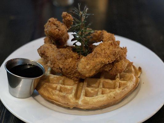 Chicken and waffles with rosemary infused syrup