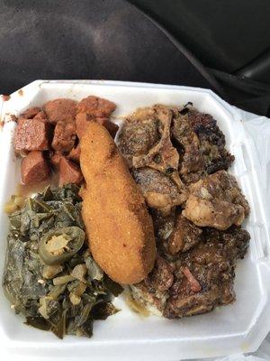 Oxtail plate- serve on a bed of rice, cabbage and collard greens, candied yams, and hot water cornbread.