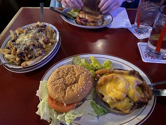 Western burger, chilly cheese fries