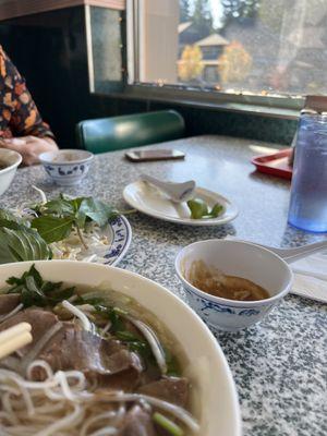 Brisket pho, toppings for pho, peanut sauce