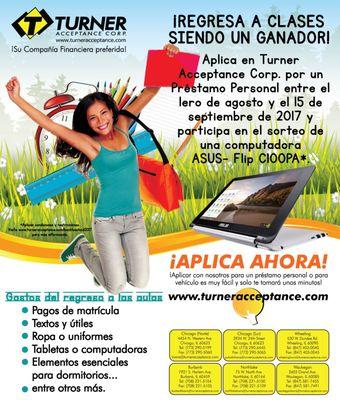 ¡Regresa al colegio siendo un ganador! Aplica por un Préstamo Personal con Turner Acceptance Corp. entre el 1ero de agosto y el 15 de septie