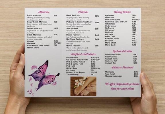 Our price list. Walk-ins and Appointments are welcomed!