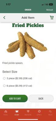 A small order of fried pickles costs $2.99 for 3