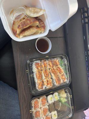 Sweet Potato Roll, Avocado Roll, Spicy Tuna, Gyoza