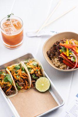 sesame ribeye tacos --sweet sesame-soy glaze marinade w/ spicy kimchi