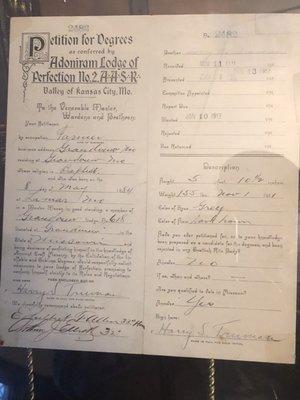 Harry Truman's original petition for membership on display.  His occupation at the time was farmer.