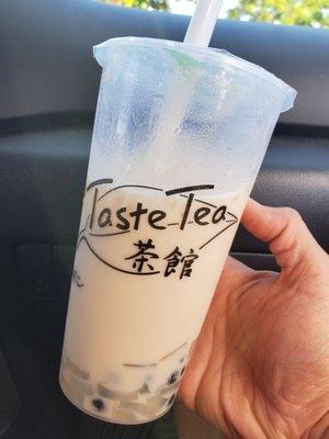 Jasmine Green Milk Tea w/ large boba and lychee jelly