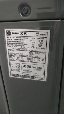 Trane manufacturer's label